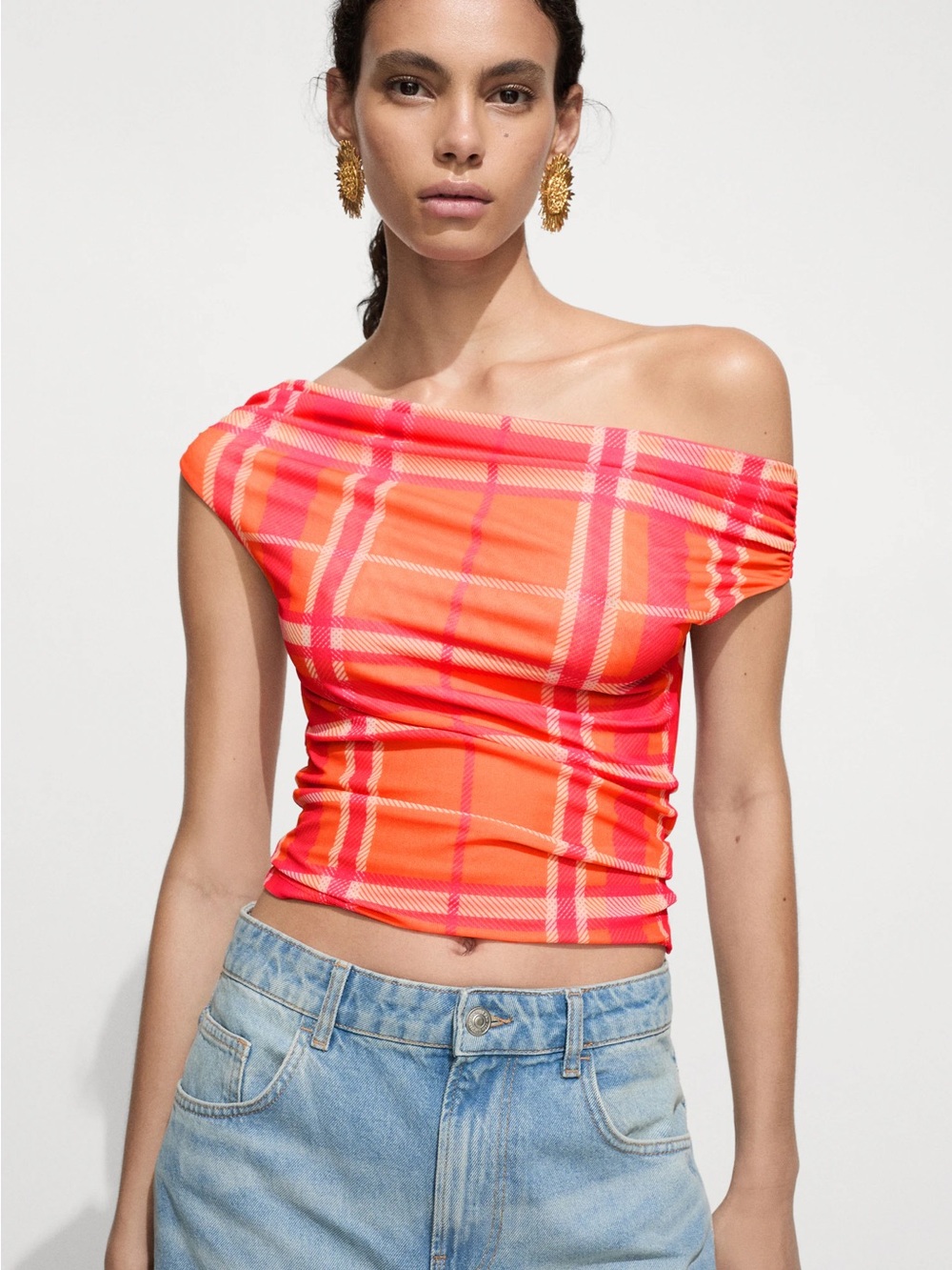 Mango women’s L pink and orange plaid off the shoulder top